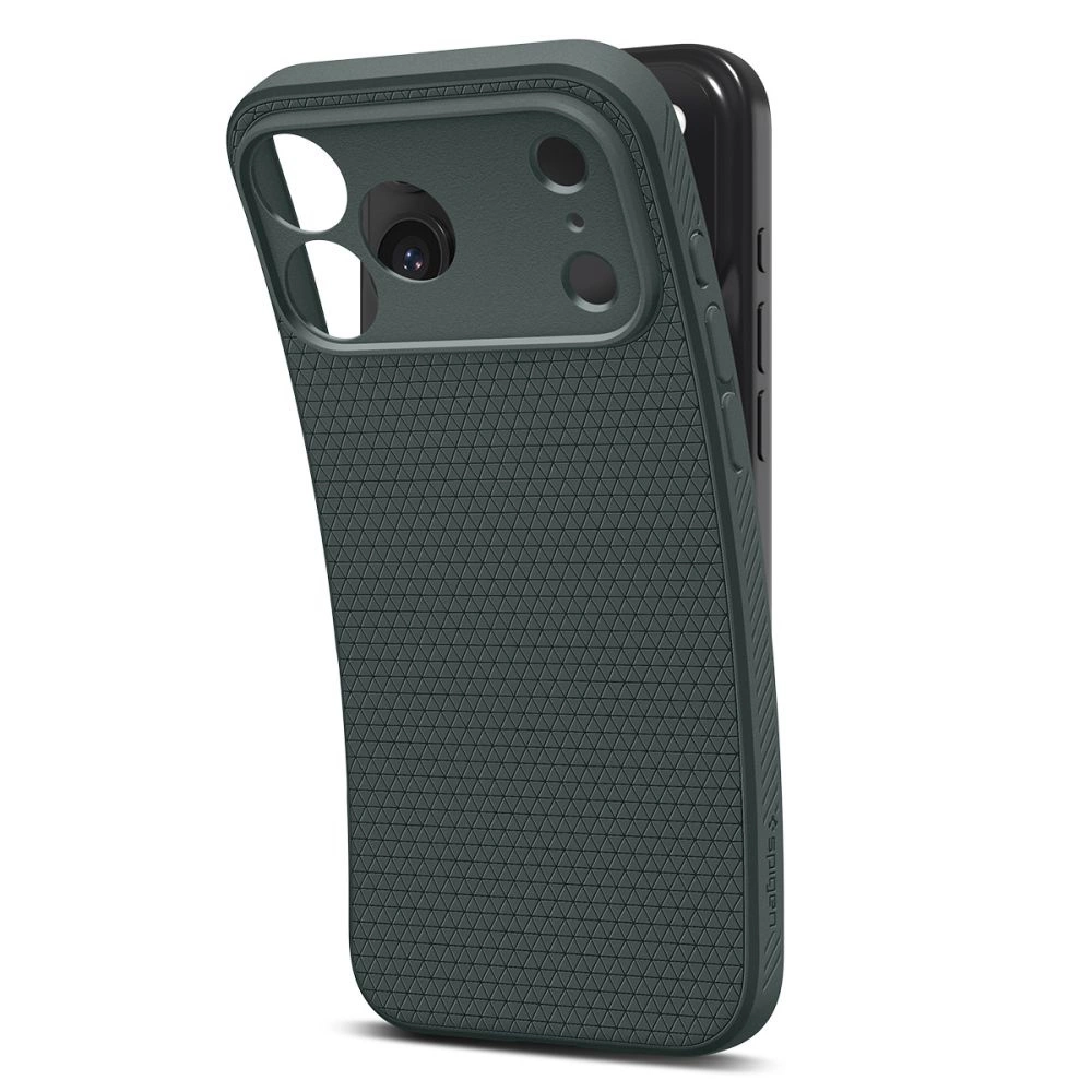 Custodia protettiva per smartphone grigio scuro con motivo testurizzato sul retro e foro per la fotocamera.