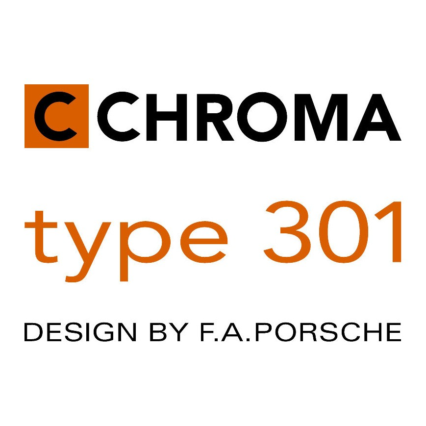 Logo mit CHROMA CHROMA type 301 und DESIGN BY F.A. PORSCHE auf weißem Hintergrund.