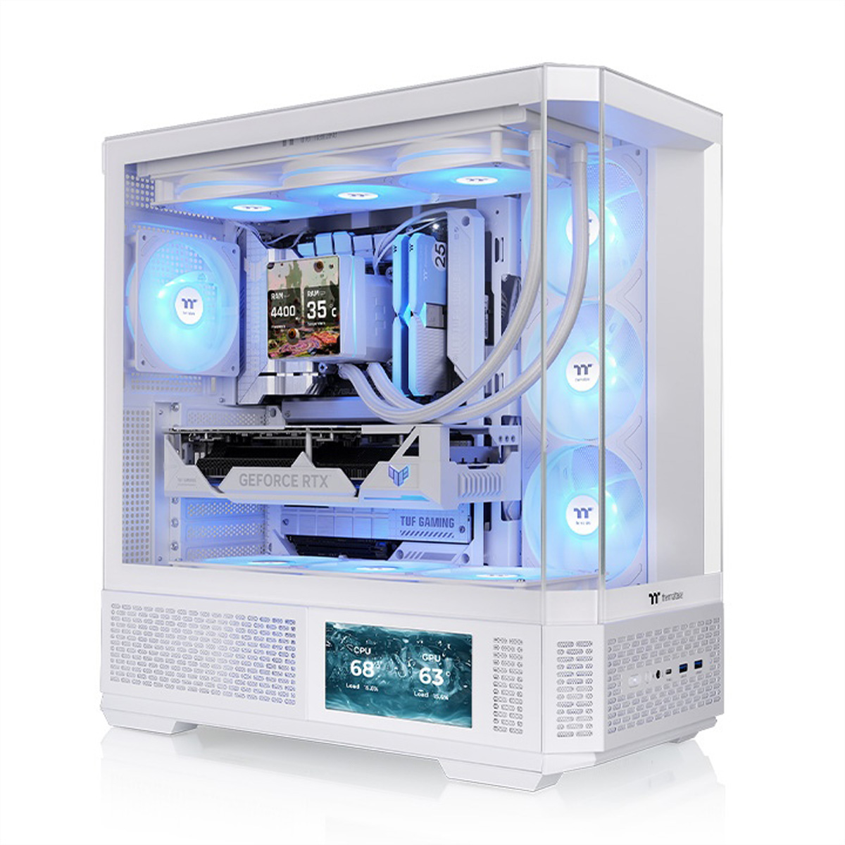 PC da gioco bianco con illuminazione blu, processore a liquid cooling e custodia in vetro trasparente.
