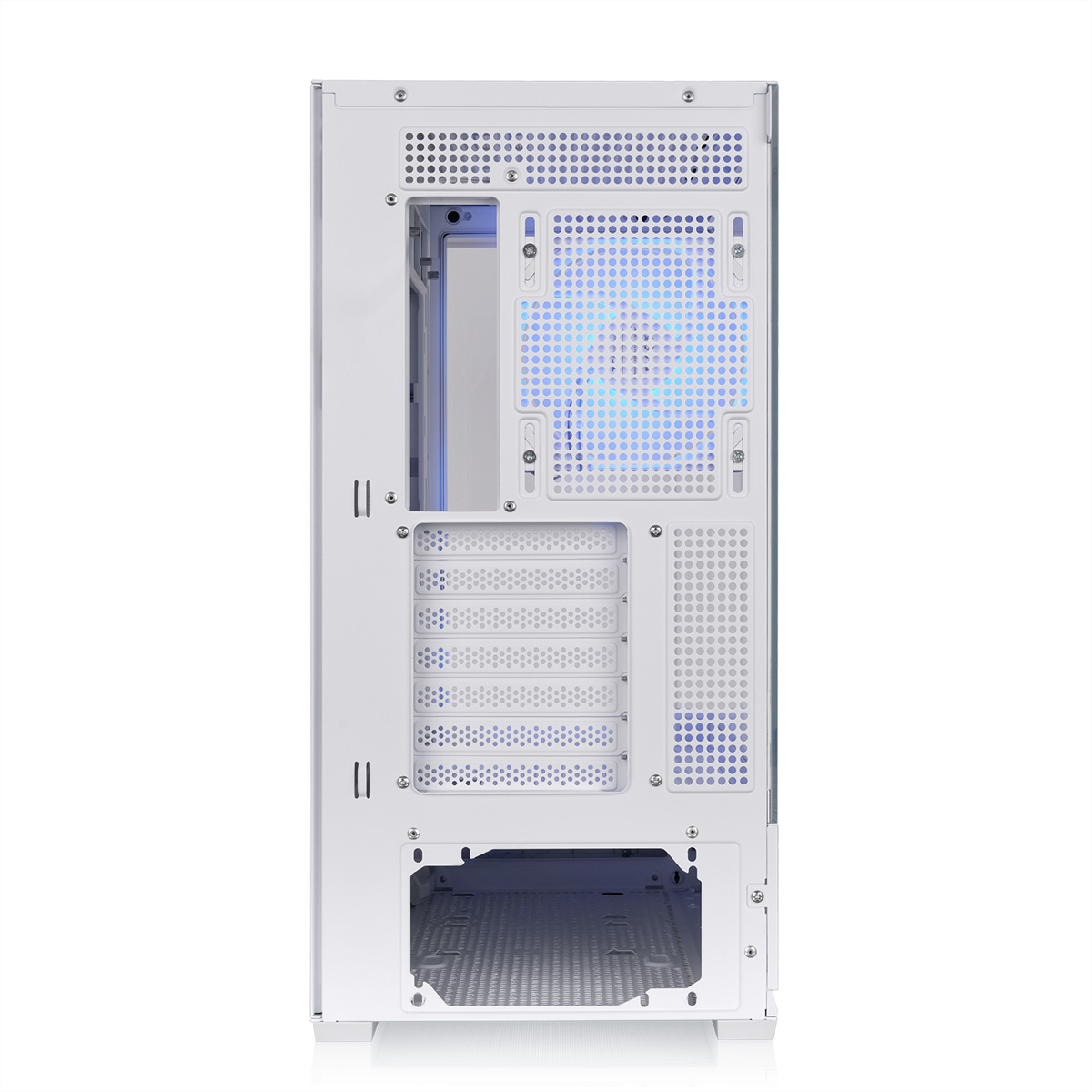 Vista posteriore di un case per PC bianco con ventola e feritoie di ventilazione.