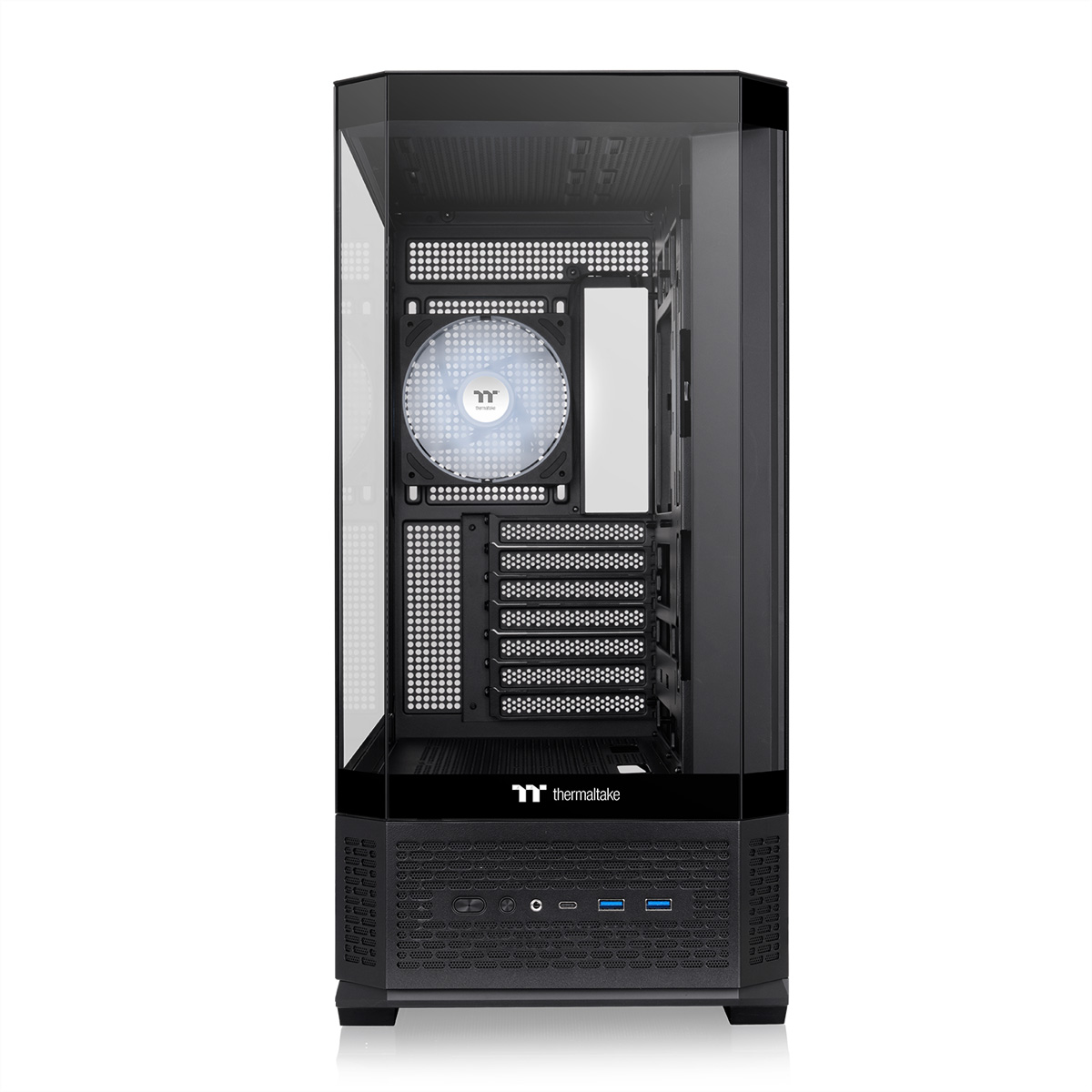 Ein schwarzes Thermaltake-PC-Gehäuse mit Glasscheiben, internem Lüfter und vorderen Anschlüssen.
