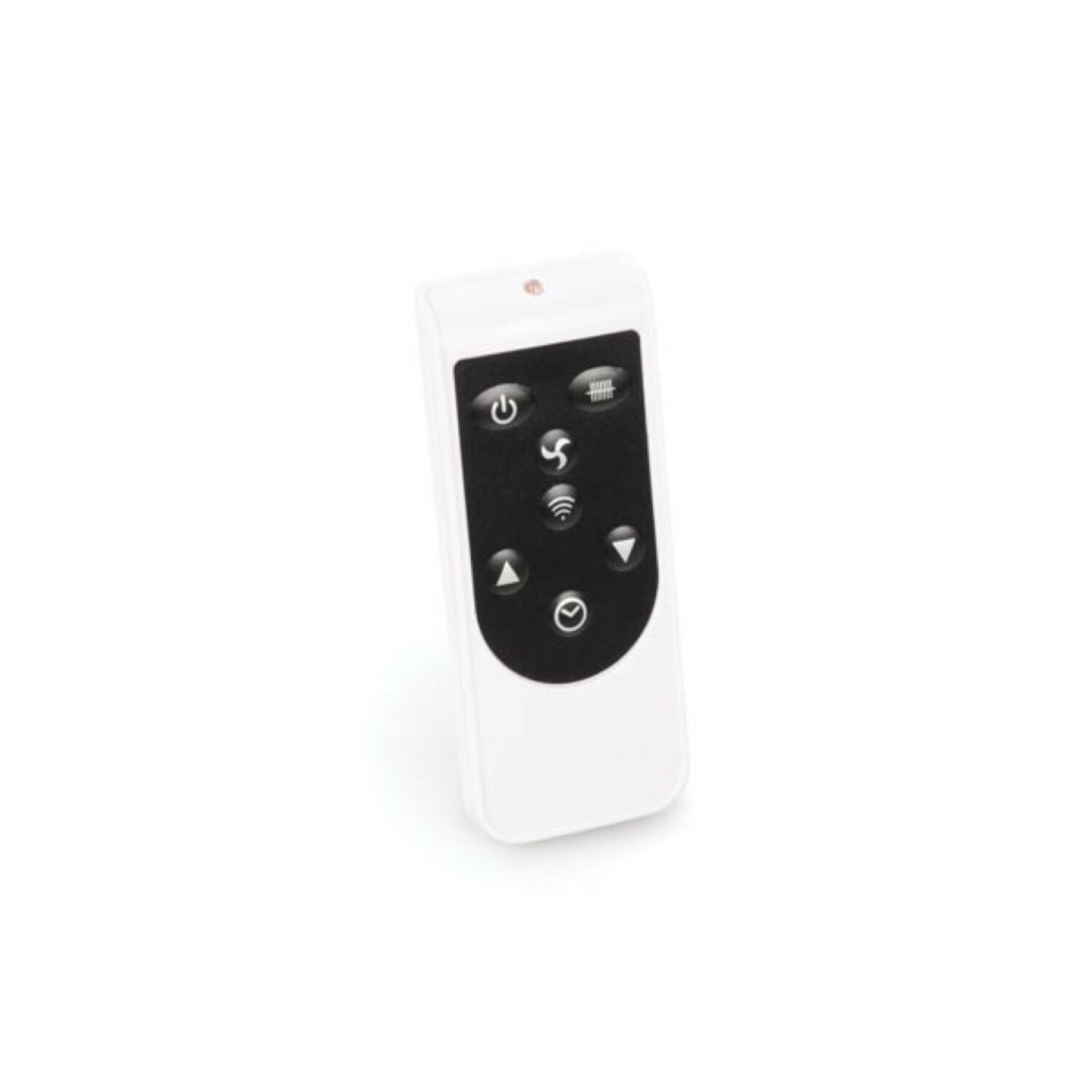 Un telecomando bianco con tastierino nero e varie icone su sfondo bianco.