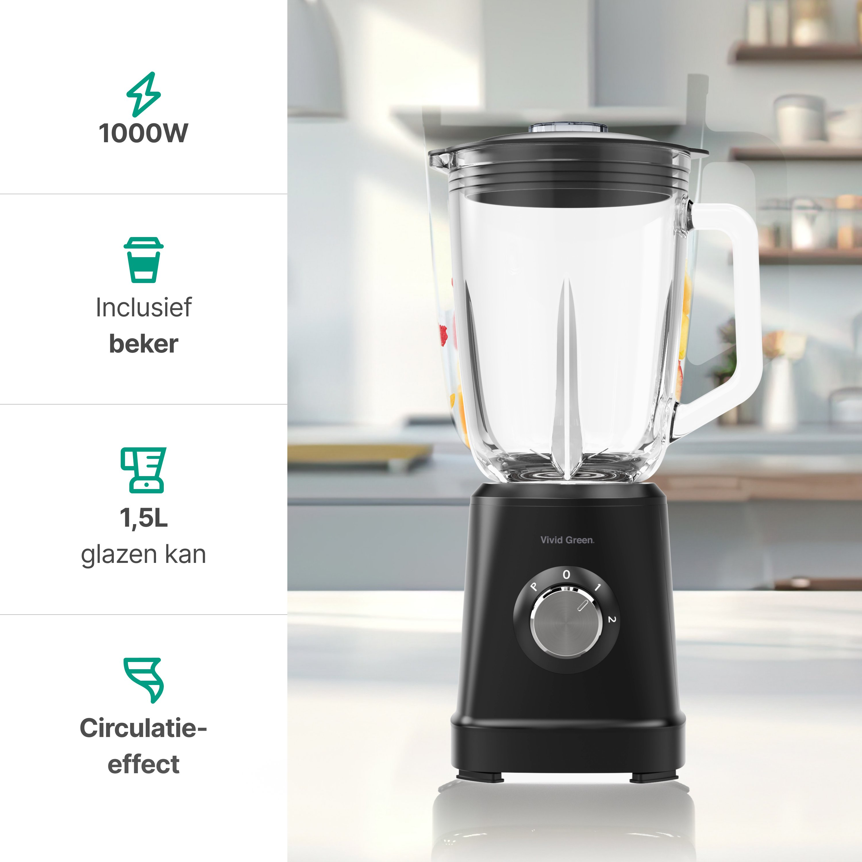 Un blender noir avec un bol en verre sur un comptoir, à côté de quatre icônes de fonctionnalités.