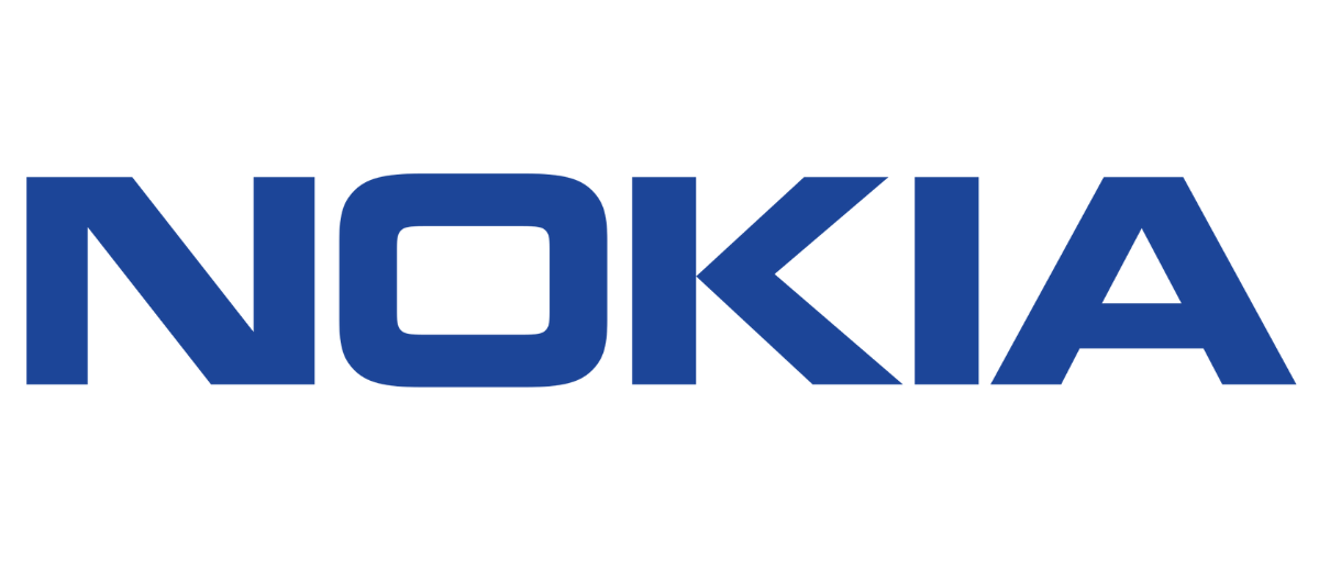 Niebieski tekst logo Nokia na białym tle.