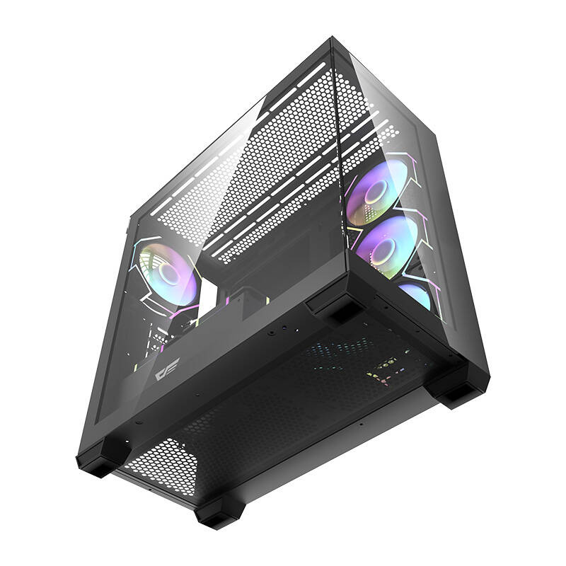 Un case per computer nero con pannelli in vetro e ventole RGB illuminate.