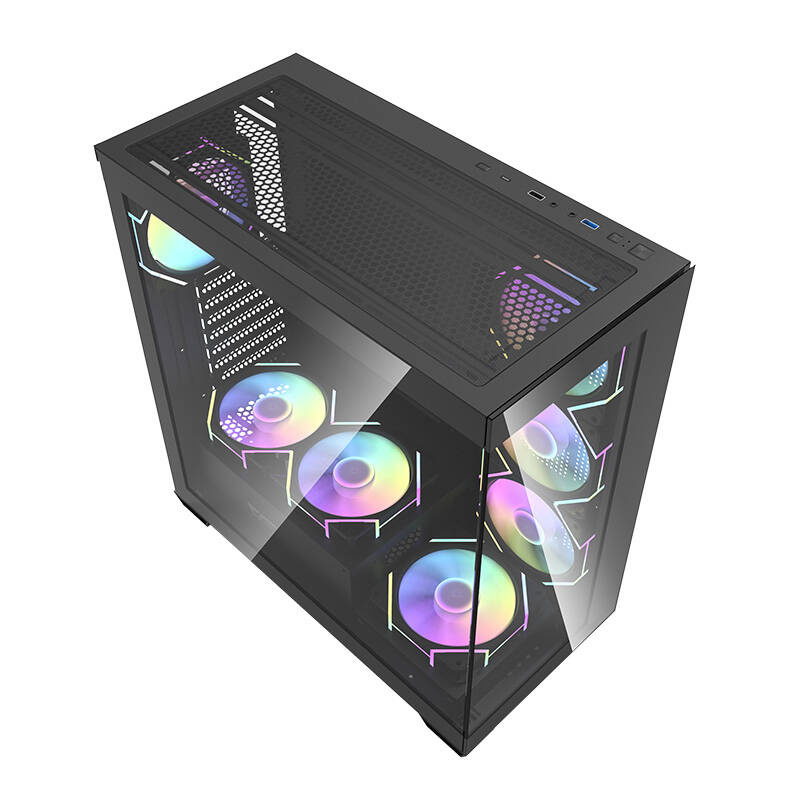 Case per PC in vetro nero con vivaci ventole RGB e vista dei componenti interni.