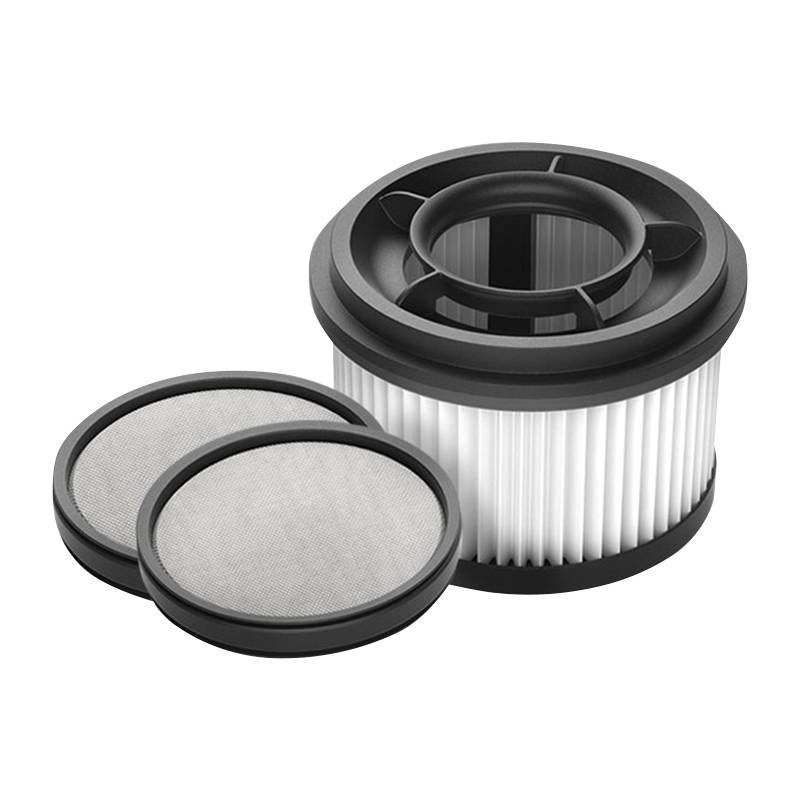 Un filtre cylindrique blanc plissé avec un cadre supérieur noir et deux préfiltres ronds à l'avant.