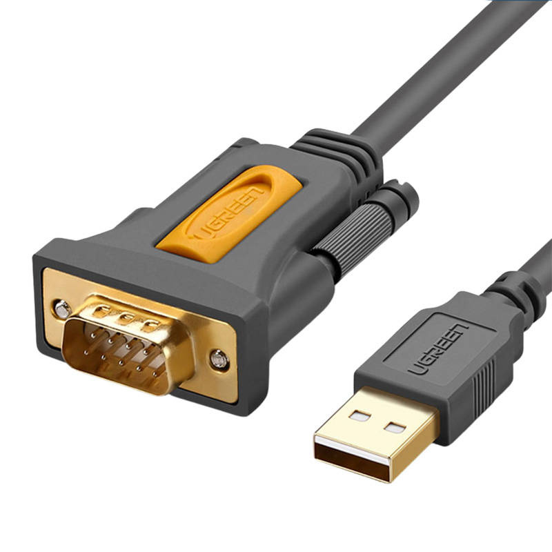 Szary kabel Ugreen ze złotym złączem VGA i wtykiem USB na neutralnym tle.