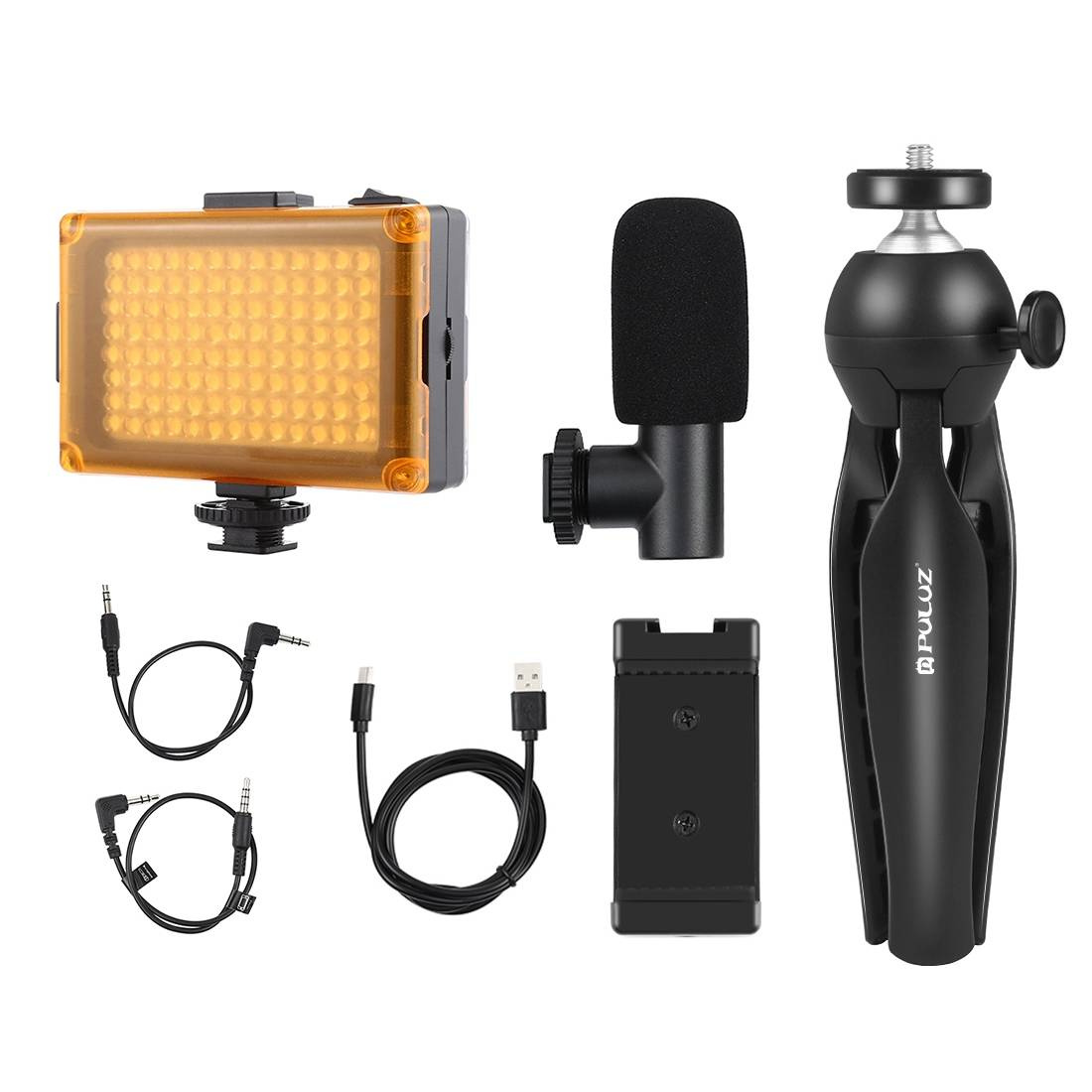 Ein Vlogging-Kit mit LED-Licht, Mikrofon, Minitripod, Handyhalterung und Kabeln vor weißem Hintergrund.