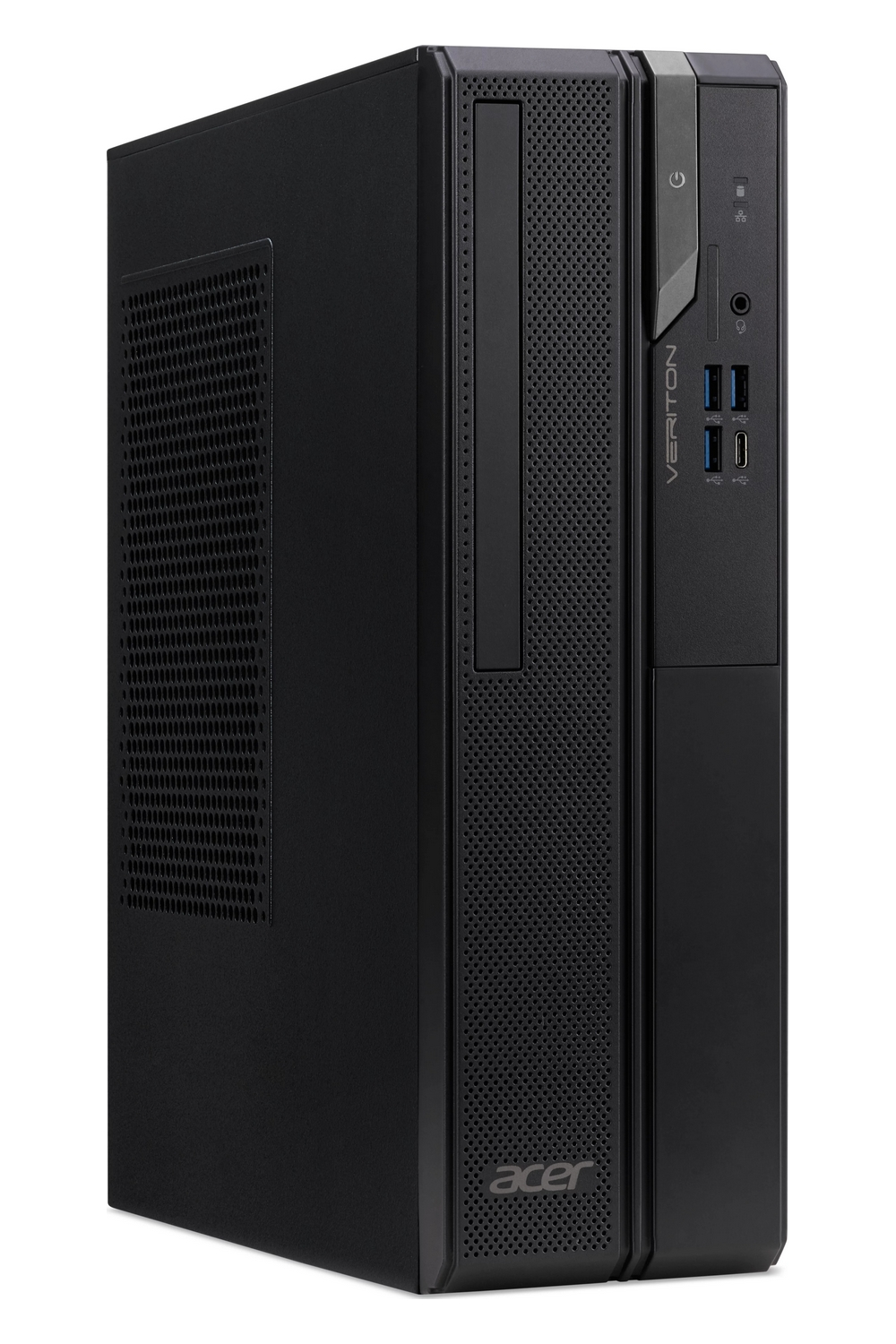 Un PC desktop slim Acer Veriton nero posizionato verticalmente su sfondo bianco.