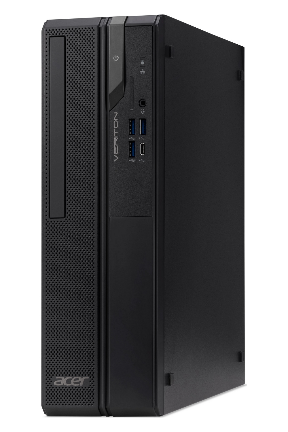 Un computer desktop Acer Veriton nero su sfondo bianco, con porte USB frontali.