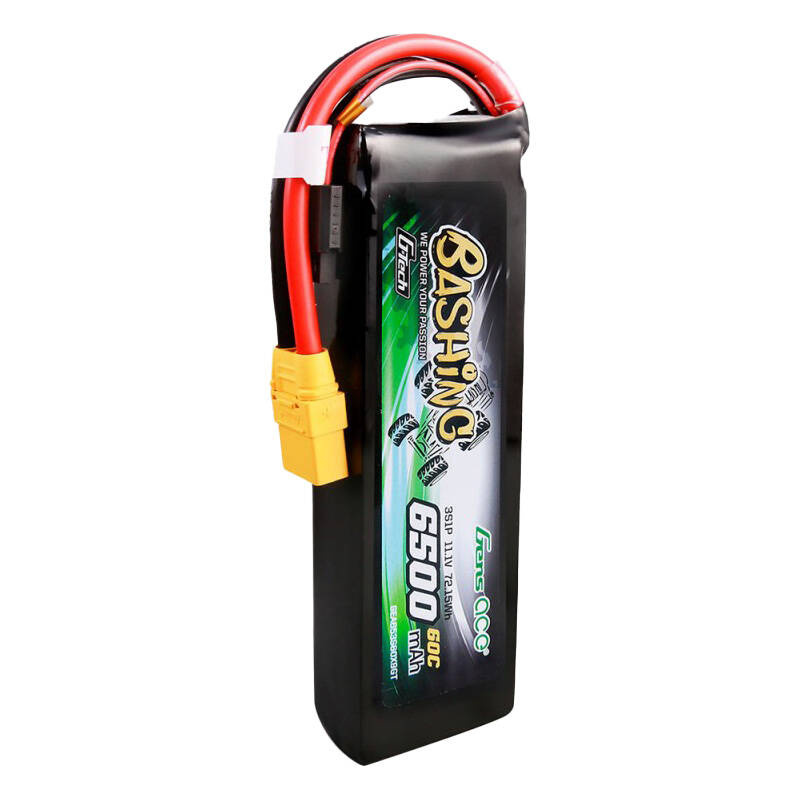 Czarny akumulator LiPo Gens ace Bashing 6500mAh z czerwonymi przewodami i żółtym złączem XT90 na białym tle.