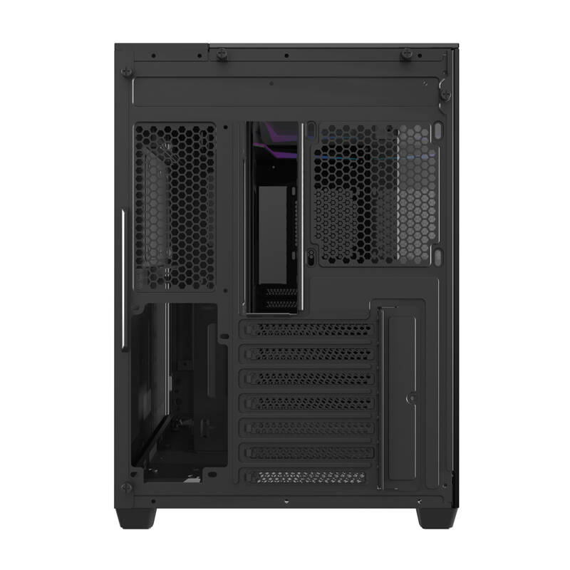 Vista posteriore di un case per PC nero con griglia di ventilazione, slot di espansione e telaio interno.