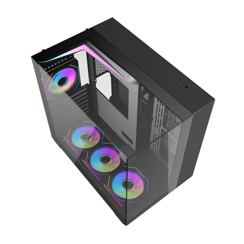 Case per PC nero con frontale in vetro e ventole RGB colorate.