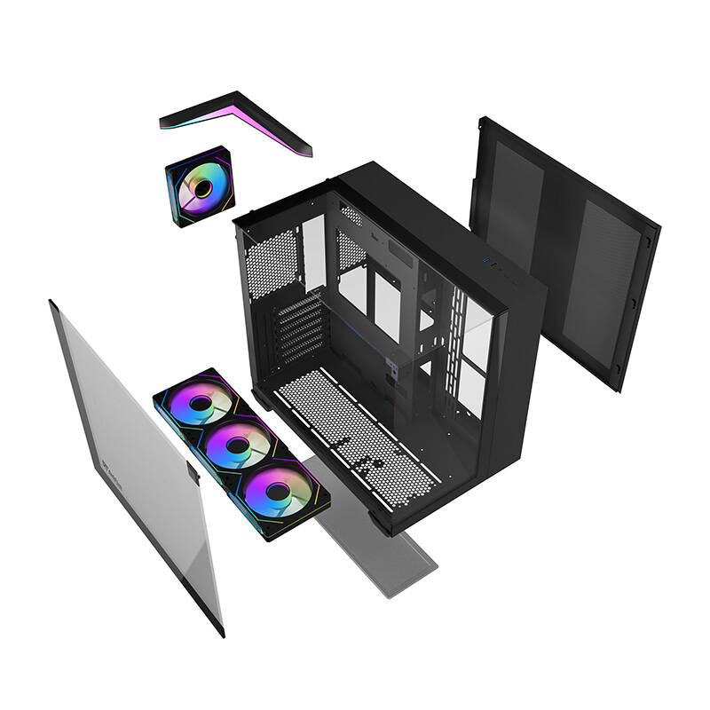 Vista esplosa di un case per computer nero con ventole RGB e pannelli laterali in vetro su sfondo bianco.
