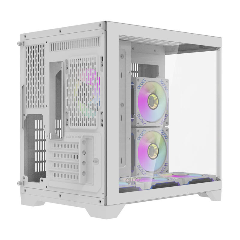 Un case per PC bianco con pannello laterale in vetro e ventole RGB multiple.