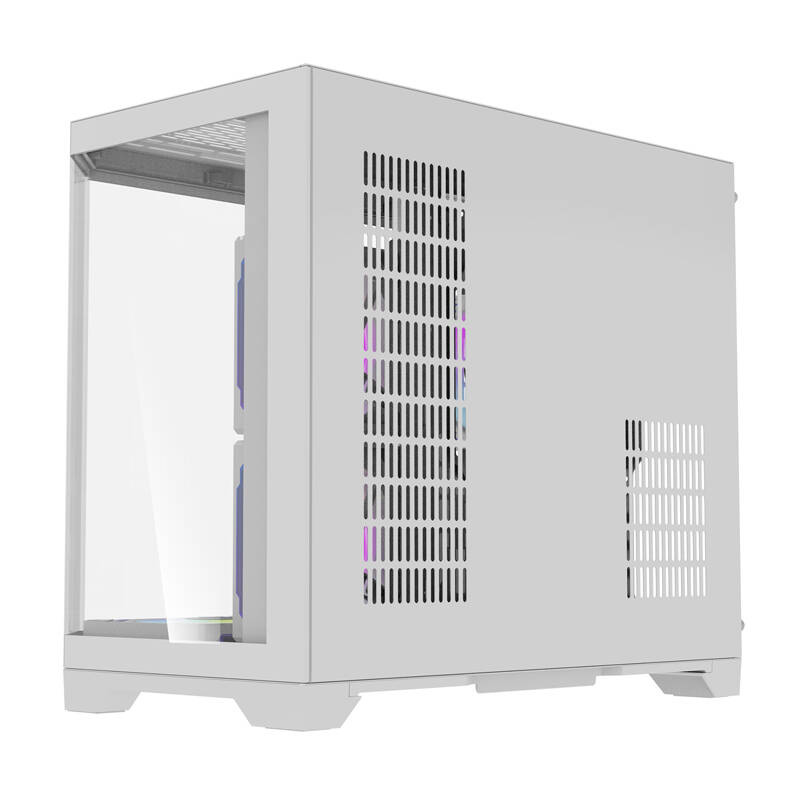 Un case per computer bianco con fronte in vetro e fessure di ventilazione sul lato.