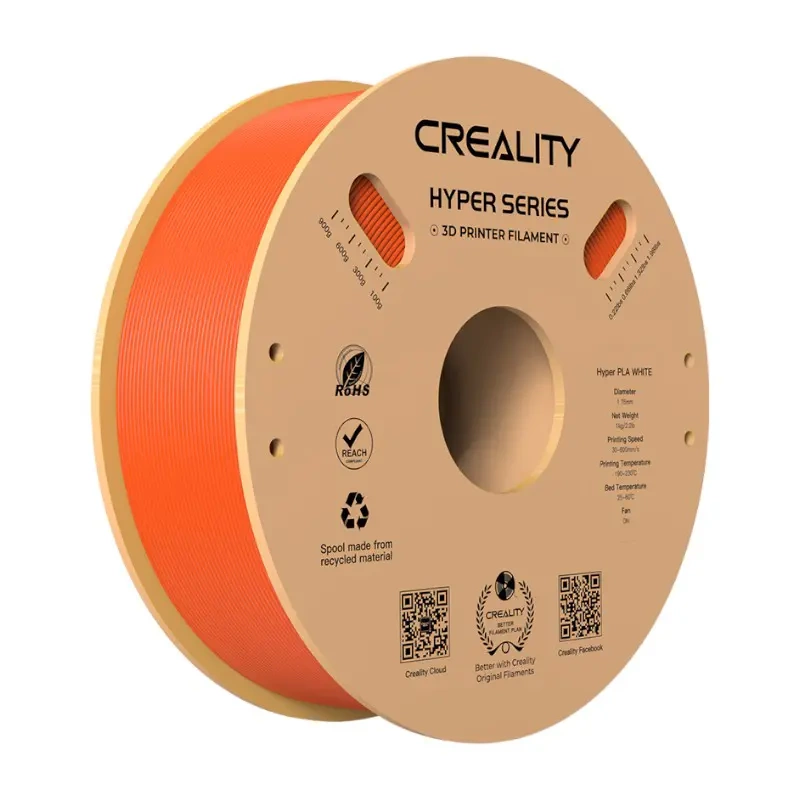 Una bobina di filamento per stampante 3D Creality Hyper Series con filamento arancione brillante su rocchetto di plastica.