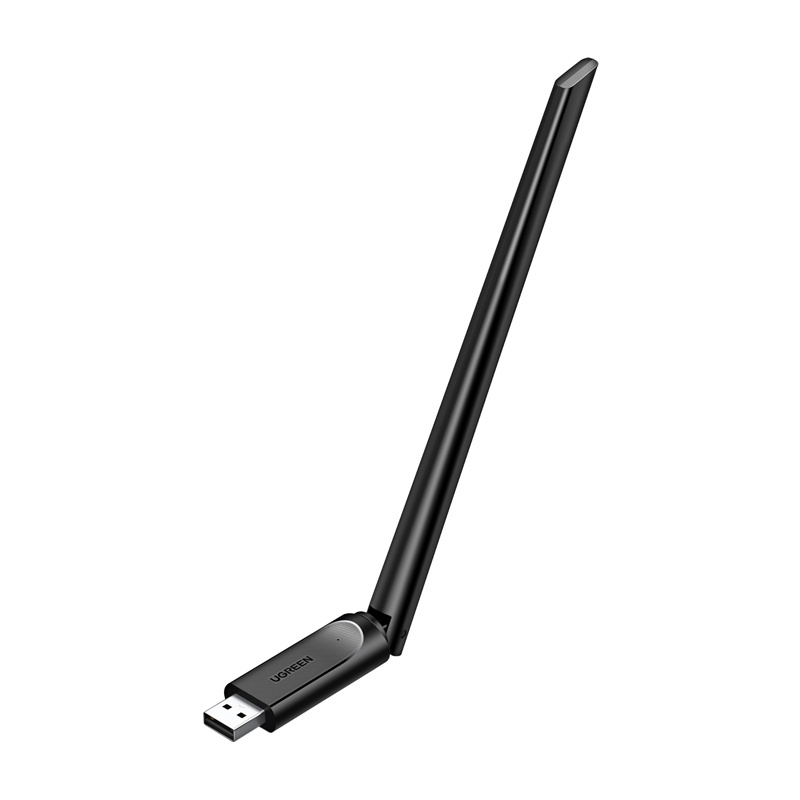 Czarny adapter USB Wi-Fi z długą, regulowaną anteną na białym tle.