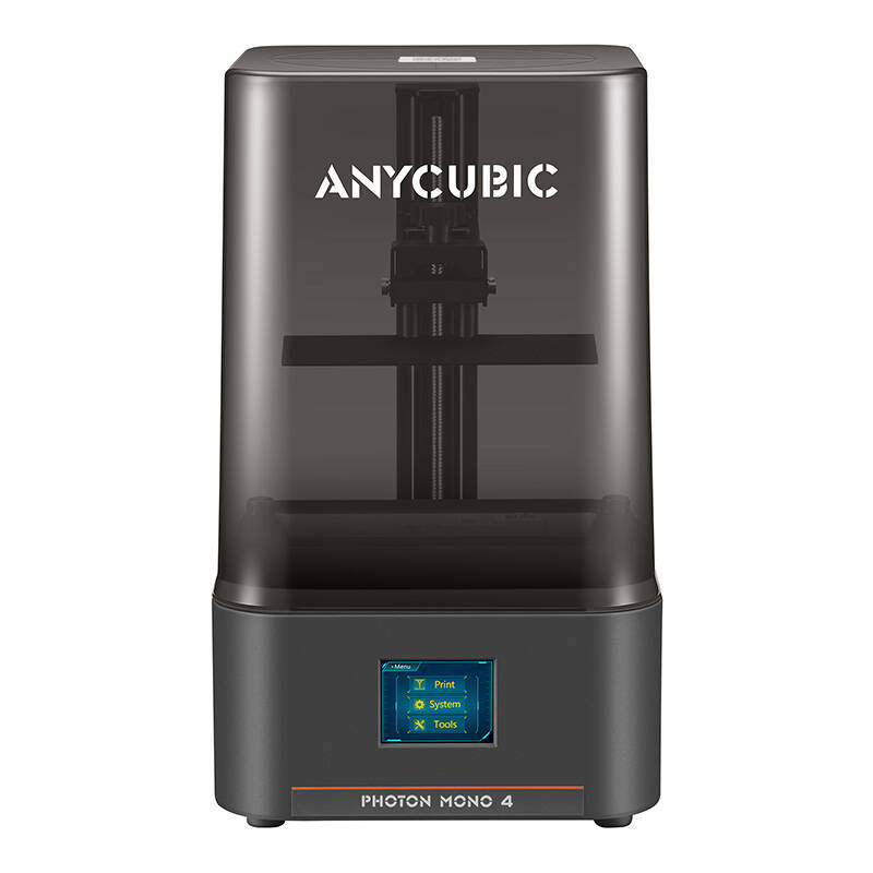 Stampante 3D Anycubic Photon Mono 4 con scocca nera, coperchio fumé e touchscreen con opzioni di menu.