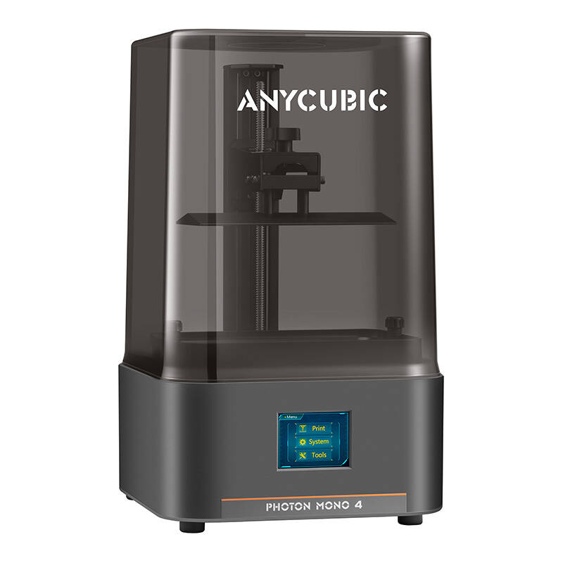 Stampante 3D Anycubic Photon Mono 4 con copertura in acrilico scuro e touchscreen.
