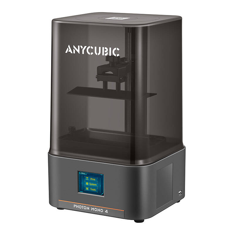 Stampante 3D in resina grigia Anycubic Photon Mono 4 con coperchio fumé e schermo touch blu.