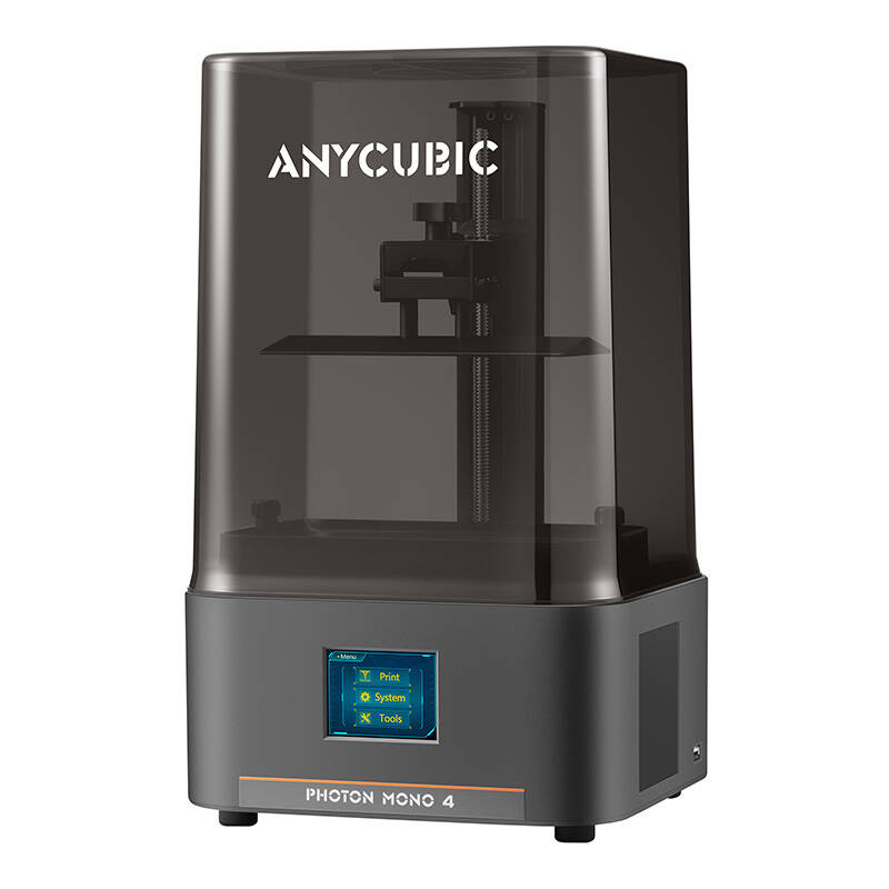 Stampante 3D Anycubic Photon Mono 4 con coperchio fumé e touch screen a colori.