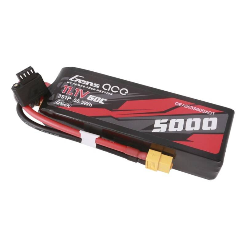 Batteria LiPo Gens Ace nera e rossa, 11,1 V e 5000 mAh, su sfondo bianco.