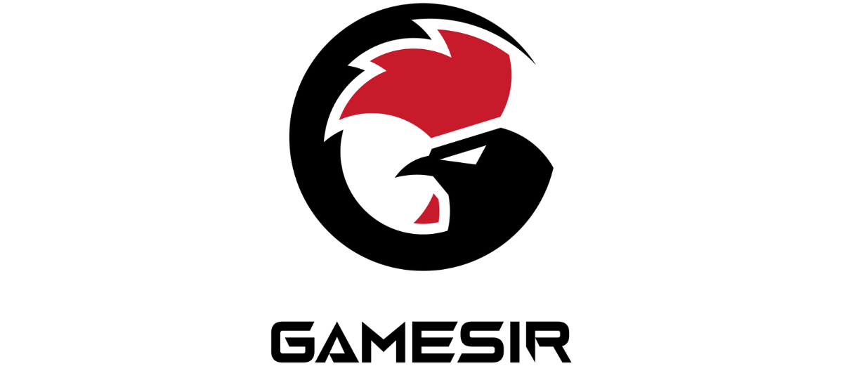 Logo mit rotem Hahnenkamm und schwarzem Kopf in einem Kreis sowie dem Schriftzug GAMESIR.