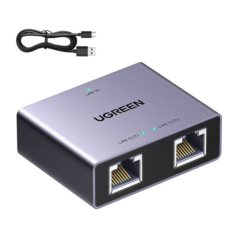 Splitter LAN UGREEN grigio con due porte e un cavo USB-C su sfondo bianco.
