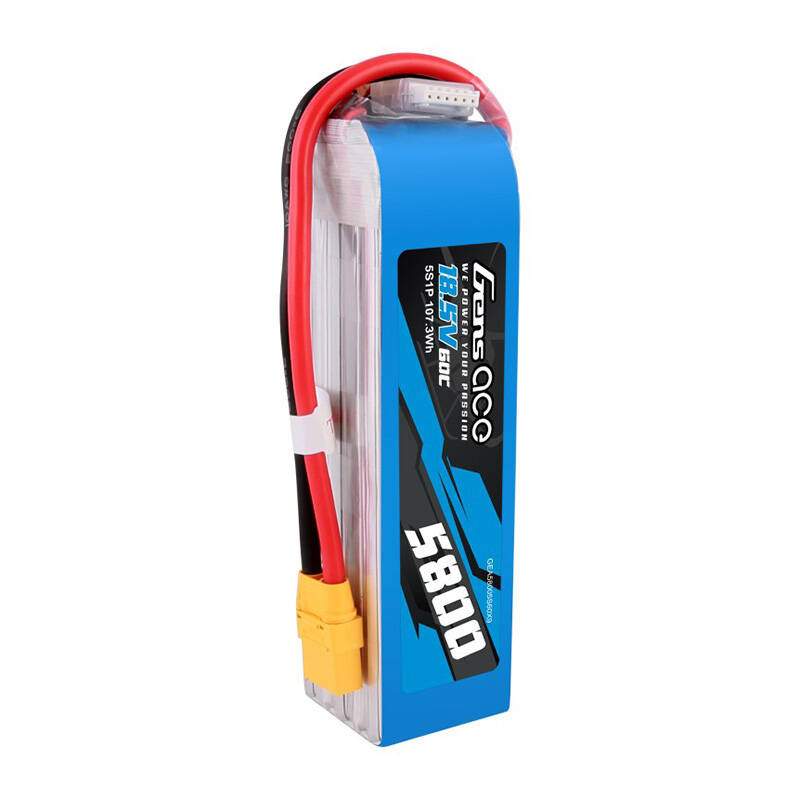 Batteria LiPo RC Gensace blu con cavi neri e rossi su sfondo bianco.