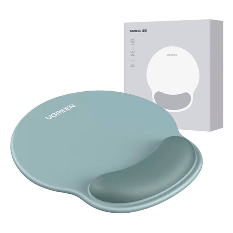 Un tappetino per mouse Ugreen azzurro con poggiapolsi integrato si trova davanti alla sua scatola.