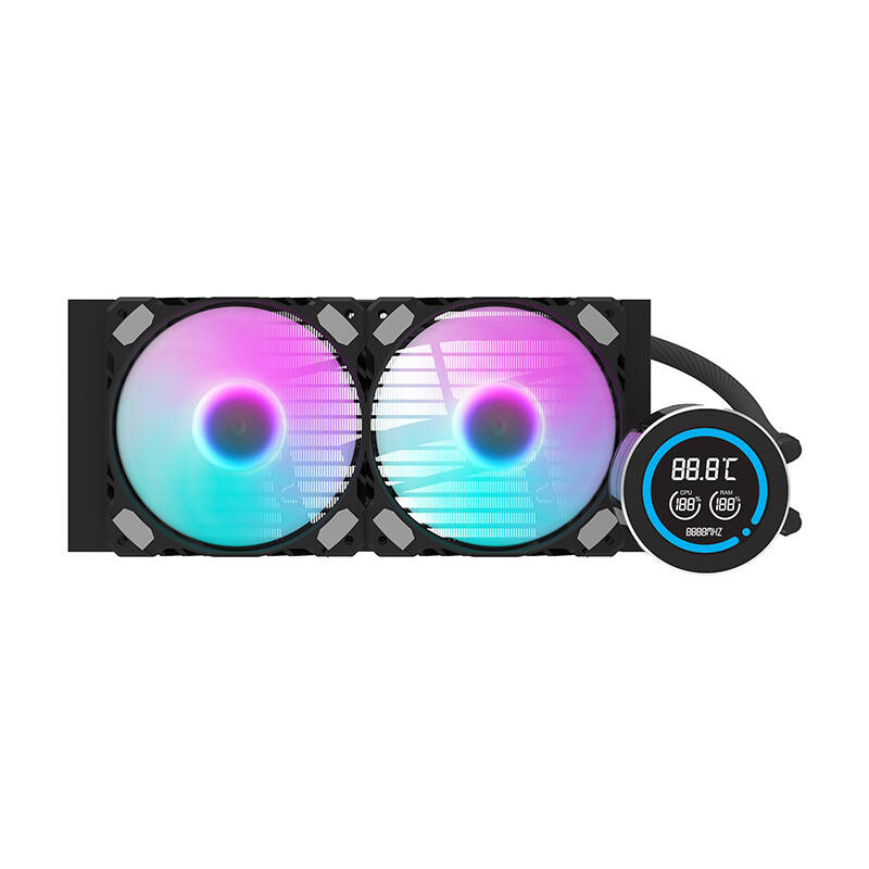 Raffreddatore a liquido con due ventole RGB e un display digitale rotondo su sfondo nero.