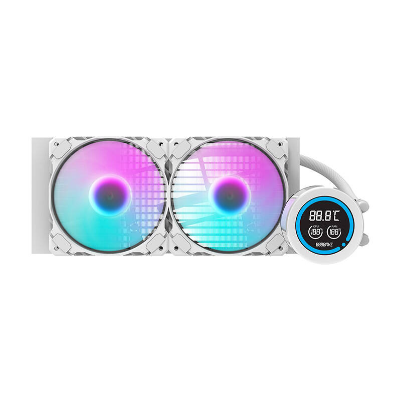 Dissipatore a liquido bianco per CPU con due ventole RGB e display digitale della temperatura.