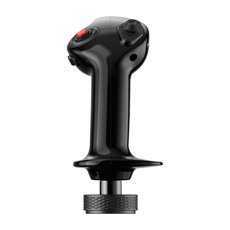 Un joystick di simulazione di volo nero con pulsante rosso e base con texture su sfondo bianco.