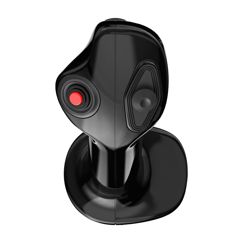 Un joystick da gioco nero lucido con un pulsante rosso rotondo e una levetta per il pollice su una base.