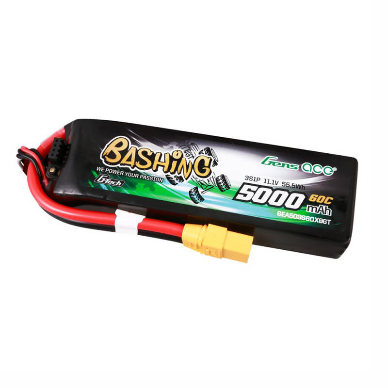 Czarny akumulator LiPo Gens Ace z żółtym złączem XT60 i czerwonymi przewodami, 5000mAh.