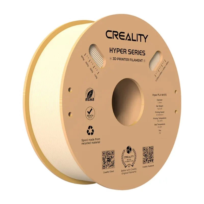Geri dönüştürülmüş malzemeden yapılmış bir makarada Creality Hyper Series beyaz 3D yazıcı filamenti.