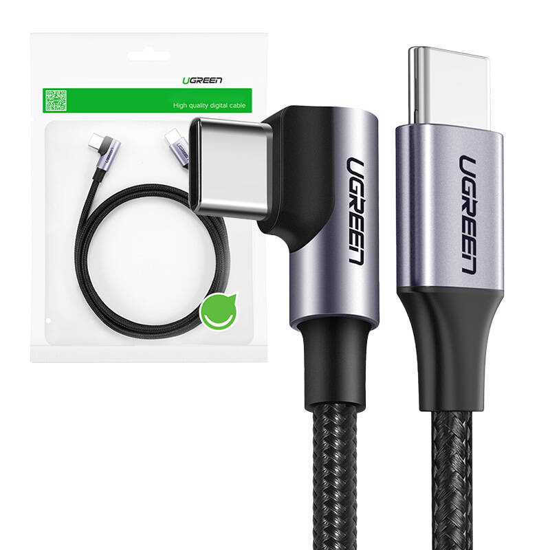 Kable USB-C Ugreen z złączem kątowym 90 stopni i prostym, w tle widoczne opakowanie.
