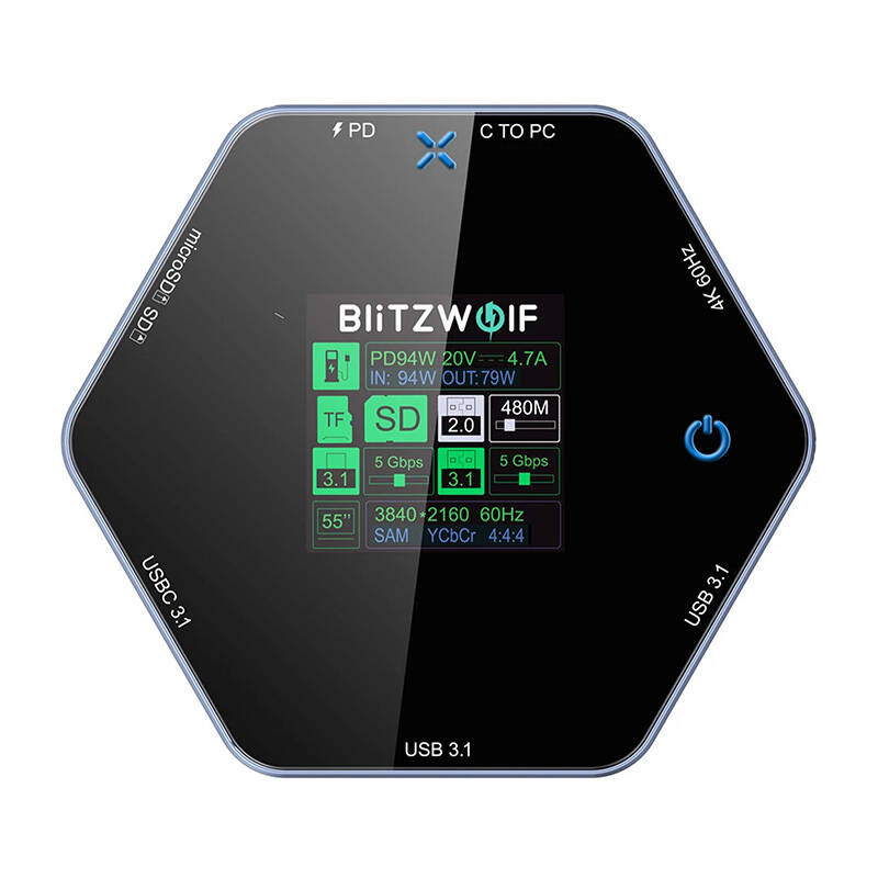 Hub USB-C BlitzWolf nero esagonale con schermo LCD colorato e varie porte etichettate attorno su sfondo bianco.