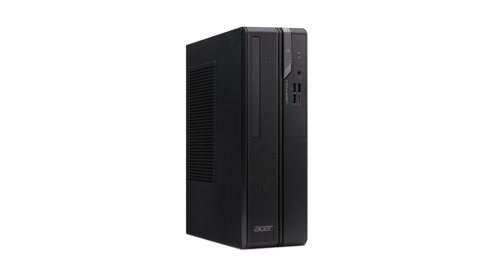 Un computer desktop Acer Veriton nero si trova su una superficie bianca.