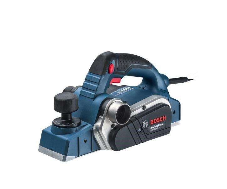 Beyaz arkaplanda mavi ve siyah Bosch Professional elektrikli planya.