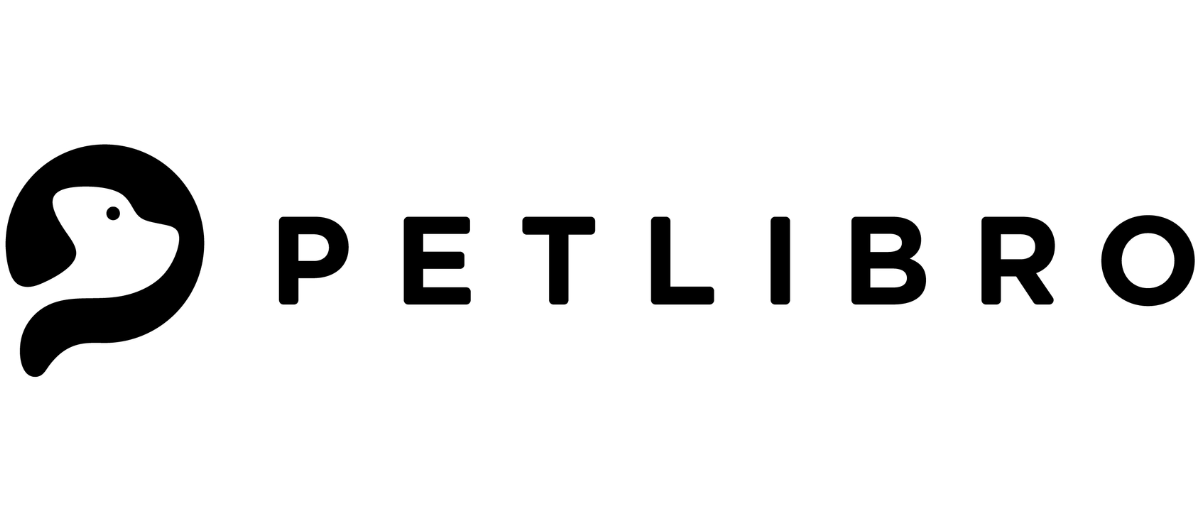 Il logo nero di Petlibro presenta la silhouette stilizzata di un cane a sinistra e lettere maiuscole a destra.