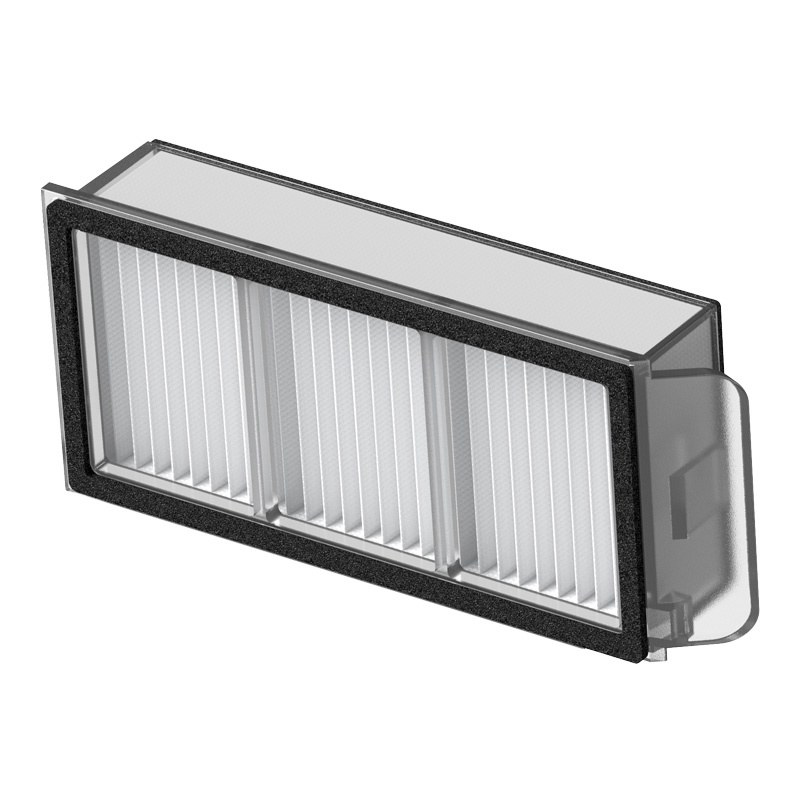 Un filtre à air rectangulaire avec bordure en mousse noire, matériau plissé blanc et boîtier en plastique transparent.