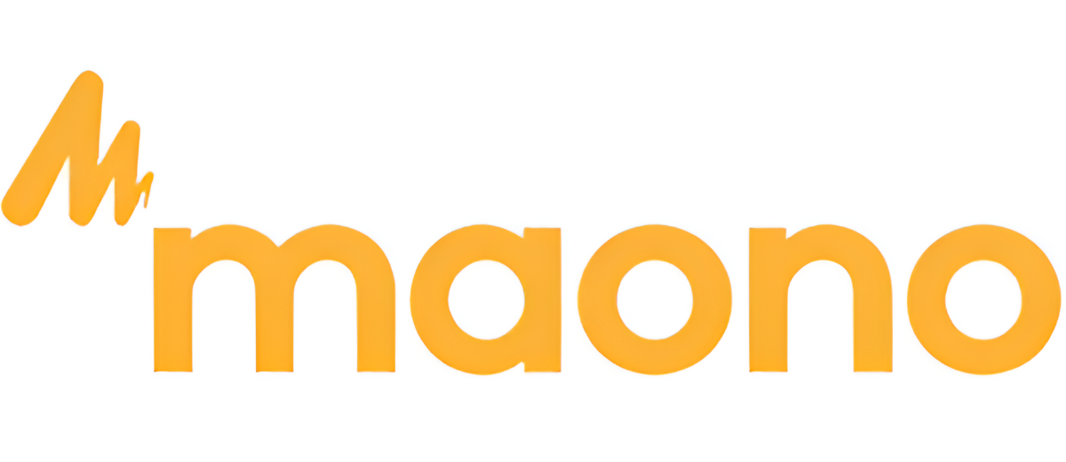 Il logo arancione della parola maono con un elemento grafico sopra su sfondo bianco.