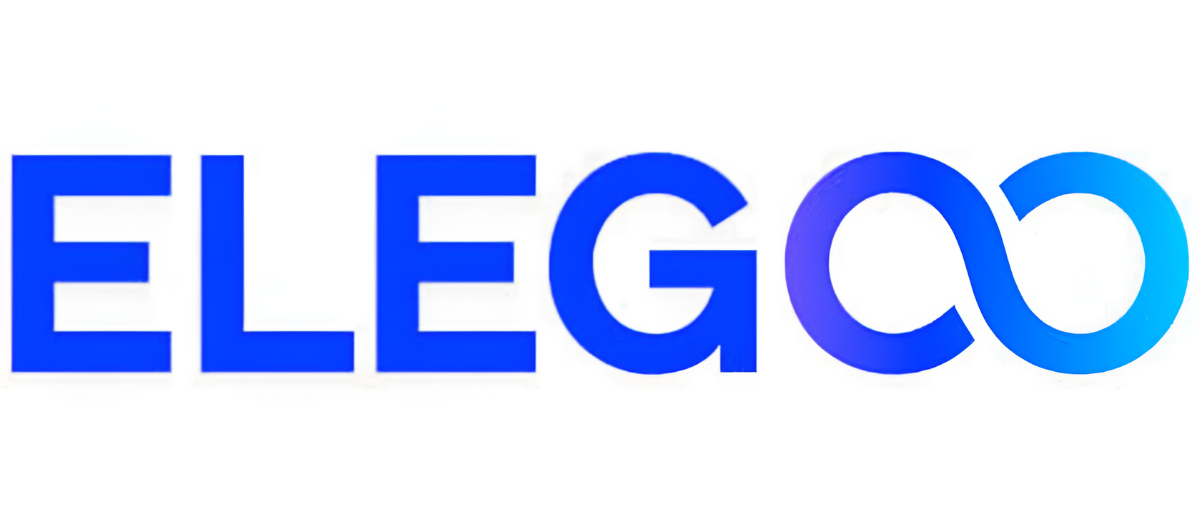 Il logo blu e turchese mostra la scritta ELEGOO, con le ultime lettere che formano un simbolo di infinito.