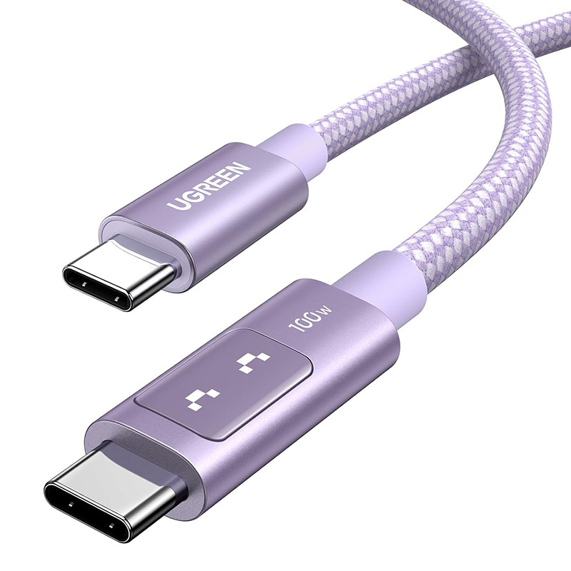 Fioletowy, pleciony kabel USB-C z dwoma złączami i wyświetlaczem LED 100W.