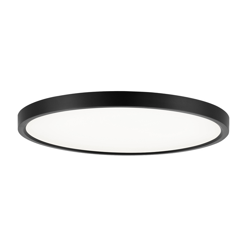 Una plafoniera piatta e rotonda con cornice nera e superficie luminosa bianca su sfondo bianco.