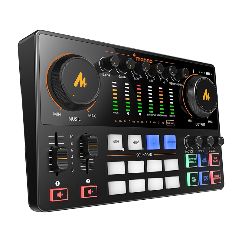 Mixer audio nero con manopole colorate, cursori e pulsanti soundpad.