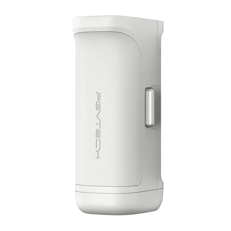 Un appareil cylindrique blanc PGYTECH avec un petit bouton métallique sur le côté sur fond blanc.